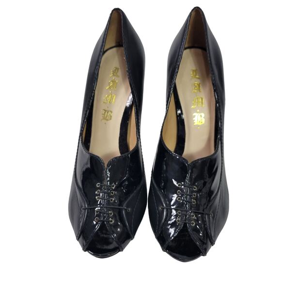 LAMB Peep Toe Stiletto Heel Black Leather Corset Platform Patent Dressy Size 8.5 - Picture 14 of 15